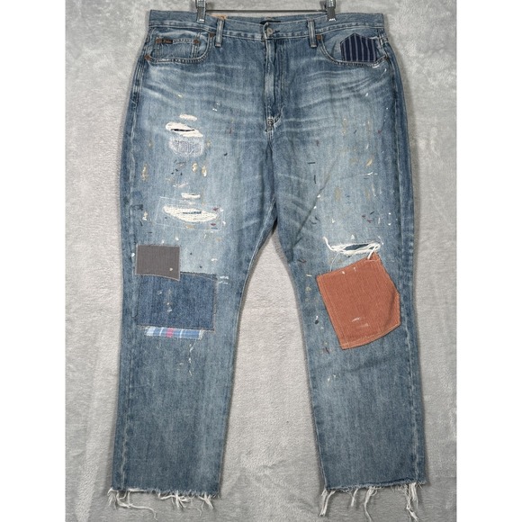 Polo Ralph Lauren Avery Boyfriend Jeans Womens 33 Distressed‎ Patchwork Paint - Picture 1 of 14